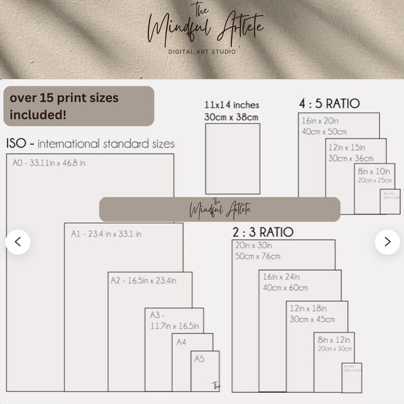 May include: A chart showing over 15 different print sizes for digital art prints. The chart includes international standard sizes like A0, A1, A2, A3, A4, and A5, as well as 4:5 and 2:3 ratios. The sizes are listed in both inches and centimeters.