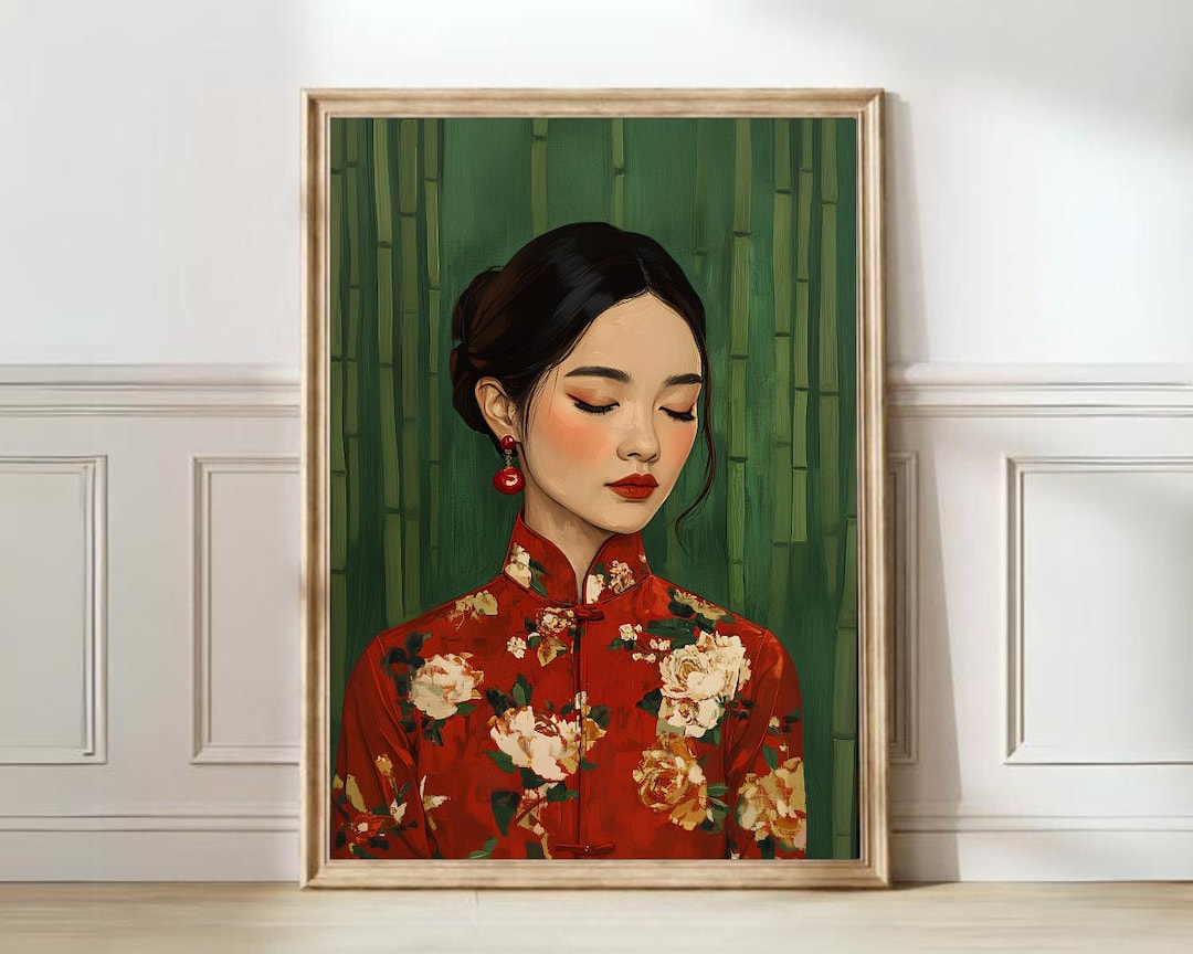 Asian Woman Portrait Green Gallery Heritage Art Maximalist Print Green ...