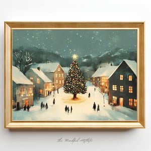 Rustic Christmas Village Print Christmas Town Print Snowy Christmas Tree Print Rustic Winter Print Vintage Winter Painting Winter Scene
