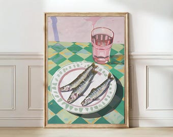 Impresión de sardinas, lata de sardinas, póster vintage, arte de pared retro de sardinas, impresión de peces, arte de pared ecléctico, arte de cocina colorido, póster maximalista