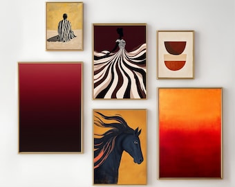 Burgundy Wall Art Contemporary Gallery Striped Wall Art Gradient Print Horse Equestrian Print Abstract People Art Maximalist | Set of 6