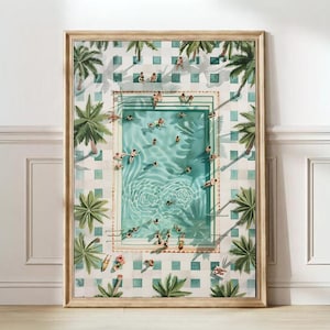 Simbassängtryck Poolillustration Akvarell Simbassäng Semesterposter Sommartryck Vårposter Retrotryck