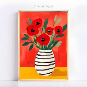 Flower Vase Art Print Red Poppies Striped Art Print Eclectic Floral Print Striped Vase Botanical Modern Flower Bouquet Red Kitchen Print