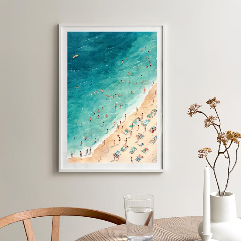 May include: A watercolor painting of a beach scene with people swimming and sunbathing. The water is a vibrant blue and the sand is a light beige. There are many people in the water and on the beach, and a small yellow boat is visible in the distance.