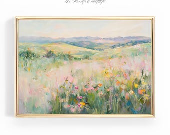 Colorful Abstract Landscape Painting Horizontal Spring Wildflower Field Bright Floral Printable Pastel Summer Wall Art Bright Brush Strokes