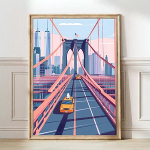 New York print Brooklyn Bridge print New York illustratie New York Travel poster New Yorker illustratie pastel poster kleurrijke kinderkamer print