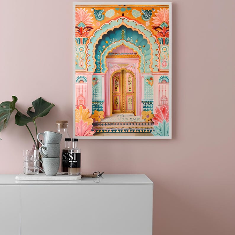 May include: A framed print of a colorful, ornate doorway with a pink archway and a wooden door with intricate details. The doorway is decorated with floral patterns and geometric designs in shades of pink, blue, yellow, and green.