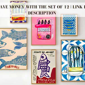 May include: A set of 12 vintage-style illustrations of sardine cans. The illustrations are in various colors and feature different designs, including a can with a lemon, a can with a checkered pattern, and a can with a blue and white tiled background. The text "SAVE MONEY WITH THE SET OF 12 | LINK IN DESCRIPTION" is at the top of the image.