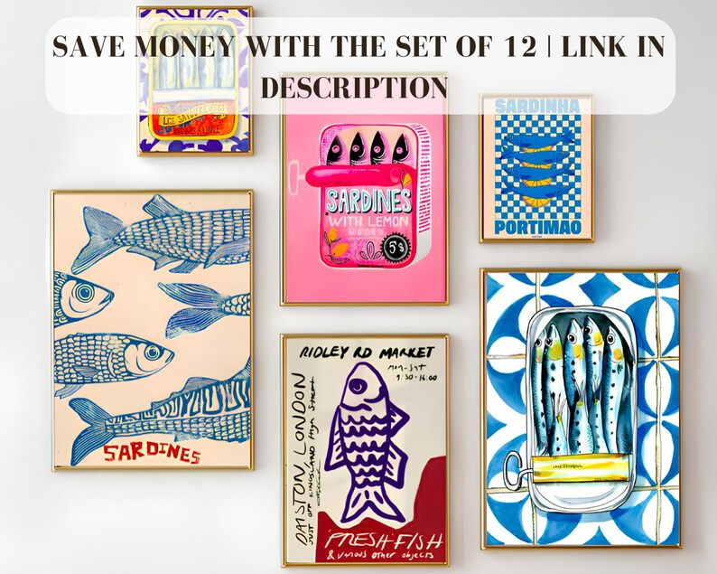 May include: A set of 12 vintage-style illustrations of sardine cans. The illustrations are in various colors and feature different designs, including a can with a lemon, a can with a checkered pattern, and a can with a blue and white tiled background. The text "SAVE MONEY WITH THE SET OF 12 | LINK IN DESCRIPTION" is at the top of the image.