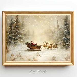 Santas Sleigh Print Santa Print Vintage Christmas Print Reindeer Print Winter Wonderland Print Winter Painting Snowy Landscape Print