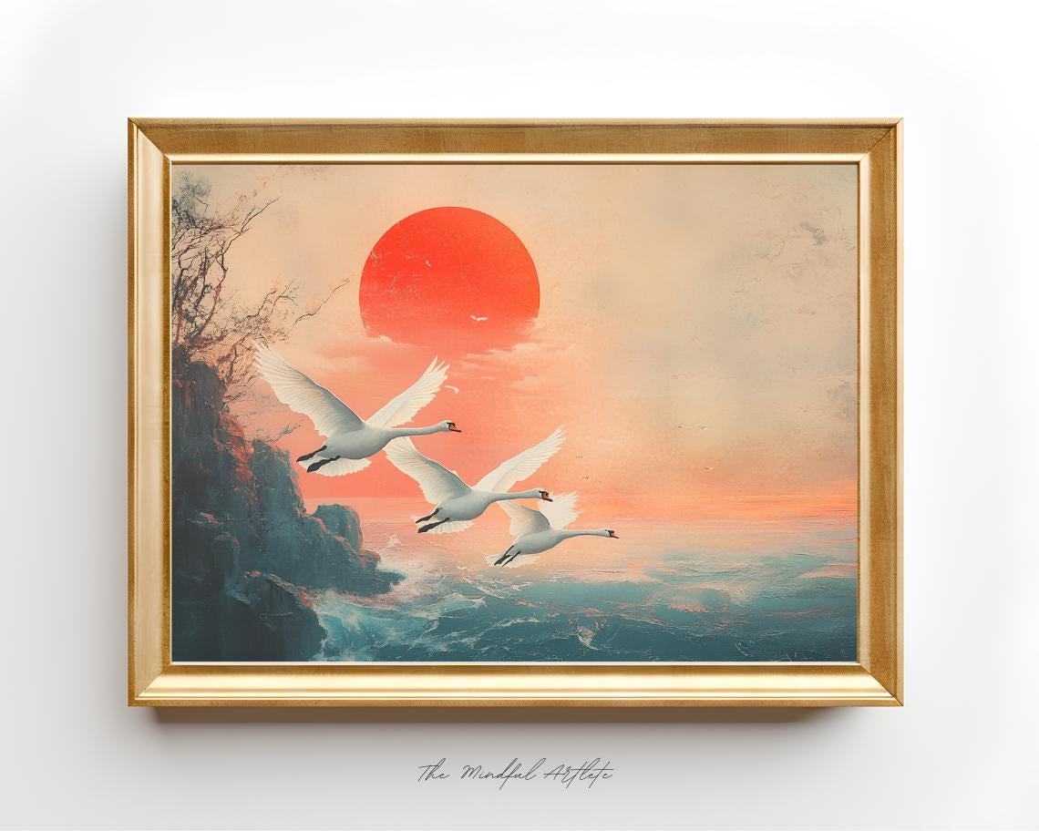 ヴィンテージ白鳥プリント 白い白鳥の絵画 パステル画 保育園 農家の