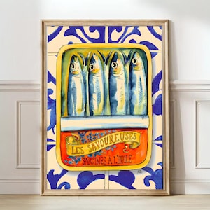 Impresión de sardinas, lata de sardinas, póster vintage, arte de pared retro de sardinas, impresión de peces, arte de pared ecléctico, arte de cocina colorido, póster maximalista