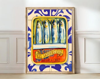 Sardynki Drukuj Puszka Sardynki Plakat Vintage Retro Sardynka Sztuka Ścienna Druk Ryby Eklektyczna Sztuka Ścienna Kolorowa Sztuka Kuchenna Maksymalny Plakat
