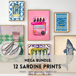 Sardines Print BUNDLE of 12 Sardine Tin Vintage Poster Retro Sardine Wall Art Fish Print Eclectic Wall Art Colorful Kitchen Art Maximalist