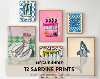 Sardines Print BUNDLE of 12 Sardine Tin Vintage Poster Retro Sardine Wall Art Fish Print Eclectic Wall Art Colorful Kitchen Art Maximalist