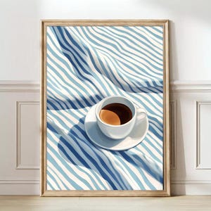 コーヒープリント ベッドの上のコーヒー 絵画 キッチンプリント 朝食プリント 寝室プリント ブルーウォールアート パステルブルー キッチン装飾