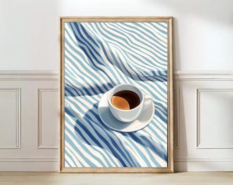 Coffee Print Coffee on a bed Painting Kitchen Print Breakfast print Striped Print Pastel Blue Bedroom Print Spring Decor Trendy Print