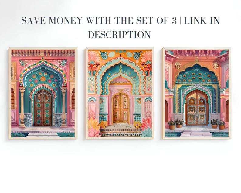 May include: Three colorful illustrations of ornate doorways with intricate details. Each doorway is framed by a pink archway with turquoise and gold accents. The doors are made of wood and have a traditional design.