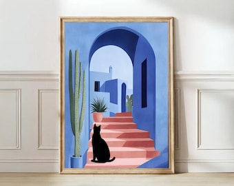 猫のプリント マティスにインスパイアされた猫の絵画 猫のポスター 猫のイラスト モロッコの猫のプリント 花柄プリント | デジタルダウンロード