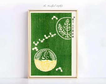 Japanese Green Woodblock Print Tomoki Japan Poster Tokyo Japanese Wall Art Botanical Print Trendy Wall Art Japancore