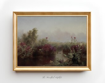 Vintage Lake Painting Vintage Landscape Painting Wildflowers Painting Lake Print Vintage Print Farmhouse Decor Rustic Country Art Print