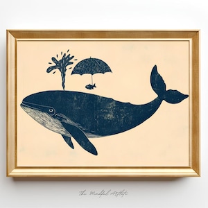 Vintage Whale Print Whale Linocut Print Fish Linocut Sealife Print Funny Animal Print Vintage Nursery Print Whimsical Print Whale Gift