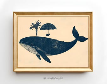 May include: A blue whale with a small palm tree and an umbrella on its back. The whale is swimming in a light blue ocean. The text "The Mindful Artist" is at the bottom of the image.