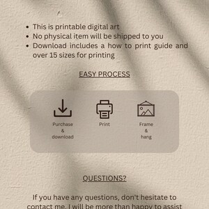 Op de afbeelding: Advertentie voor een digitale kunststudio, "The Mindful Artiste". De afbeelding toont instructies voor het kopen, afdrukken en inlijsten van digitale kunst. De achtergrond is een getextureerd beige.