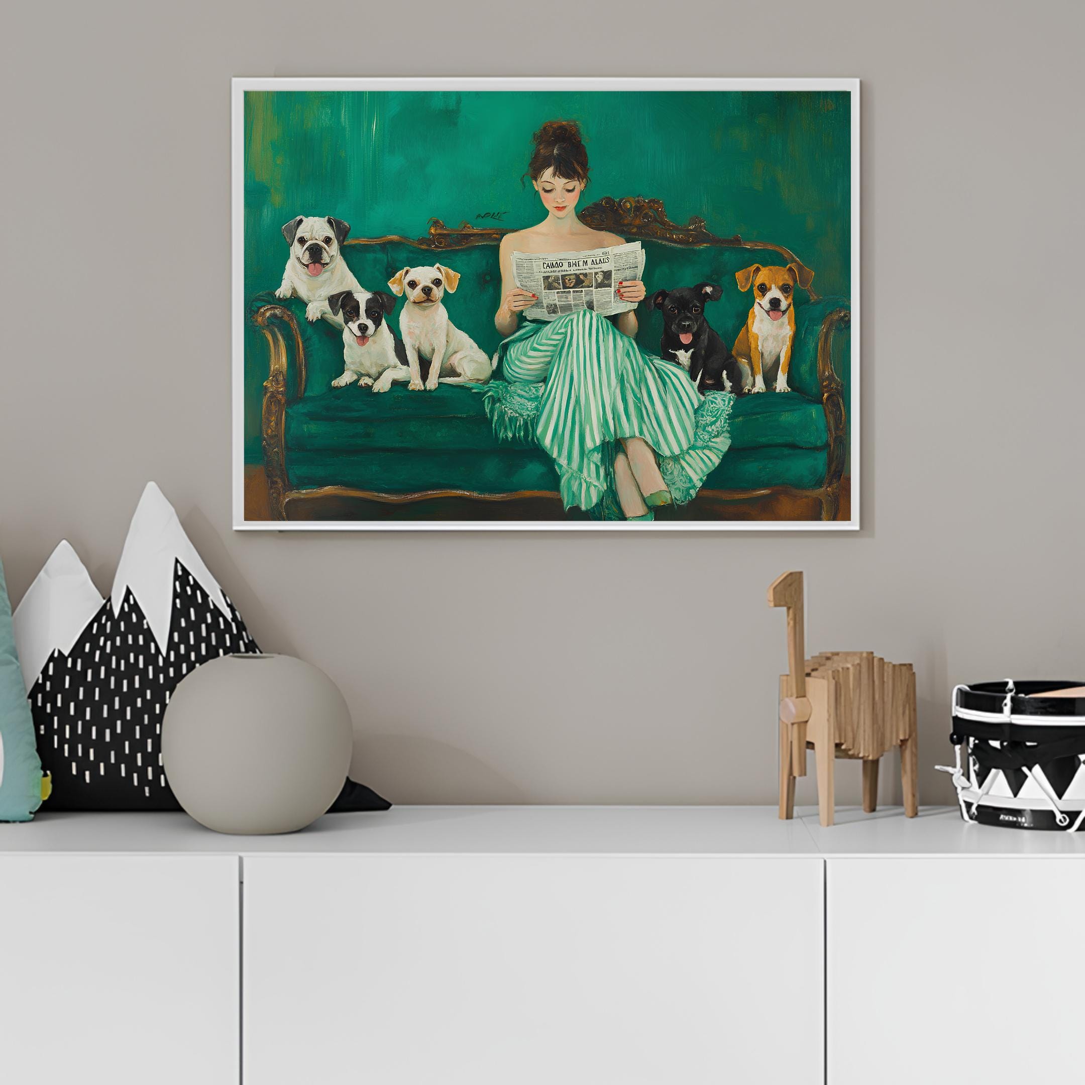 世界有名な 子犬と読書する女性 絵画 縞模様の人物 犬のプリント 緑の少女 絵画