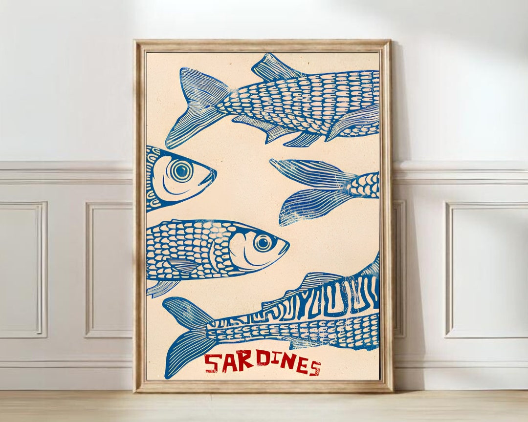 Sardines Print Sardine Tin Vintage Poster Retro Sardine Wall Art Fish Print Eclectic Wall Art Colorful Kitchen Art Maximalist Poster