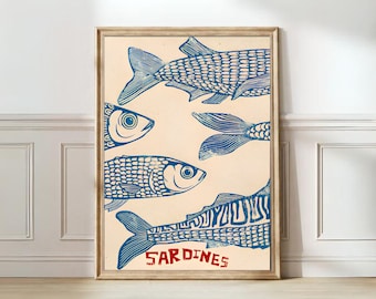 Sardines Print Sardine Tin Vintage Poster Retro Sardine Wall Art Fish Print Eclectic Wall Art Colorful Kitchen Art Maximalist Poster