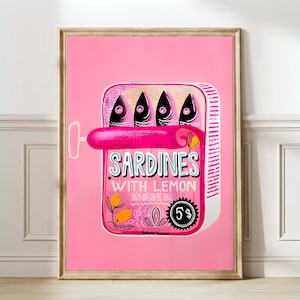 Sardinen Print Sardinendose Vintage Poster Retro Sardine Wand Kunst Fisch Print Eklektische Wand Kunst Bunt Küchenkunst Maximalist Poster Retro
