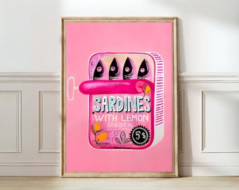 Impresión de sardinas, lata de sardinas, póster vintage, arte de pared retro de sardinas, impresión de peces, arte de pared ecléctico, arte de cocina colorido, póster maximalista