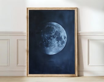 Moon Print Moon Poster Moody Wall Art Night Sky Print Sky Painting Indigo Wall Art Blue Wall Art Minimalist Wall Art Maximalist Print
