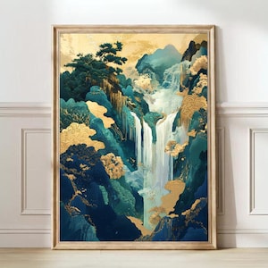 Japanese Waterfall Print Vintage Print Hokusai Waterfall Print Emerald Green Wall Art Golden Print Japandi Print | DIGITAL DOWNLOAD