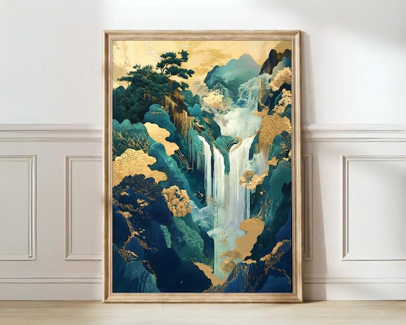 Waterfall Wall Art Japanese Waterfall Printable Hokusai Ukiyo-e Emerald Green Print Golden Japandi Print Colorful Abstract Landscape Art