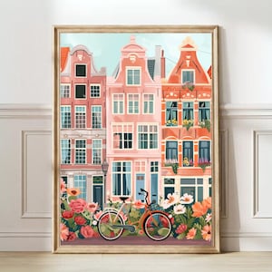 Stampa di Amsterdam Illustrazione di Amsterdam Poster di viaggio di Amsterdam Illustrazione del New Yorker Poster di fiori Stampa colorata della cameretta dei bambini