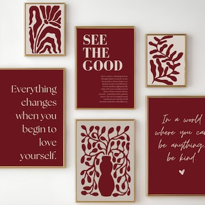 Burgundy Red Wall Art Abstract Floral Printable Botanical Art Self Love Affirmation Print Burgundy Art Living Room Bedroom | Set of 6