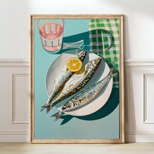 May include: A still life painting of three whole fish on a white plate with a lemon wedge. The plate is on a light blue background with a green and white checkered tablecloth in the background.