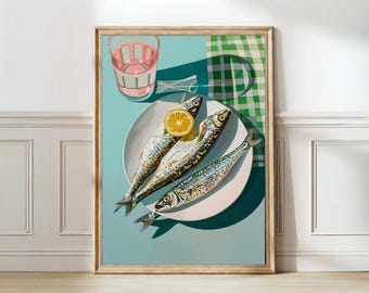 Sardynki Drukuj Puszka Sardynki Plakat Vintage Retro Sardynka Sztuka Ścienna Druk Ryby Eklektyczna Sztuka Ścienna Kolorowa Sztuka Kuchenna Maksymalny Plakat