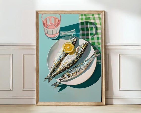 Sardines Print Sardine Tin Vintage Poster Retro Sardine Wall Art Fish Print Eclectic Wall Art Colorful Kitchen Art Maximalist Poster