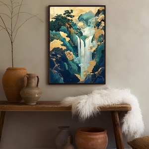 May include: A framed abstract landscape painting with a waterfall cascading down a mountainside. The painting features a mix of blue, green, and gold colors.