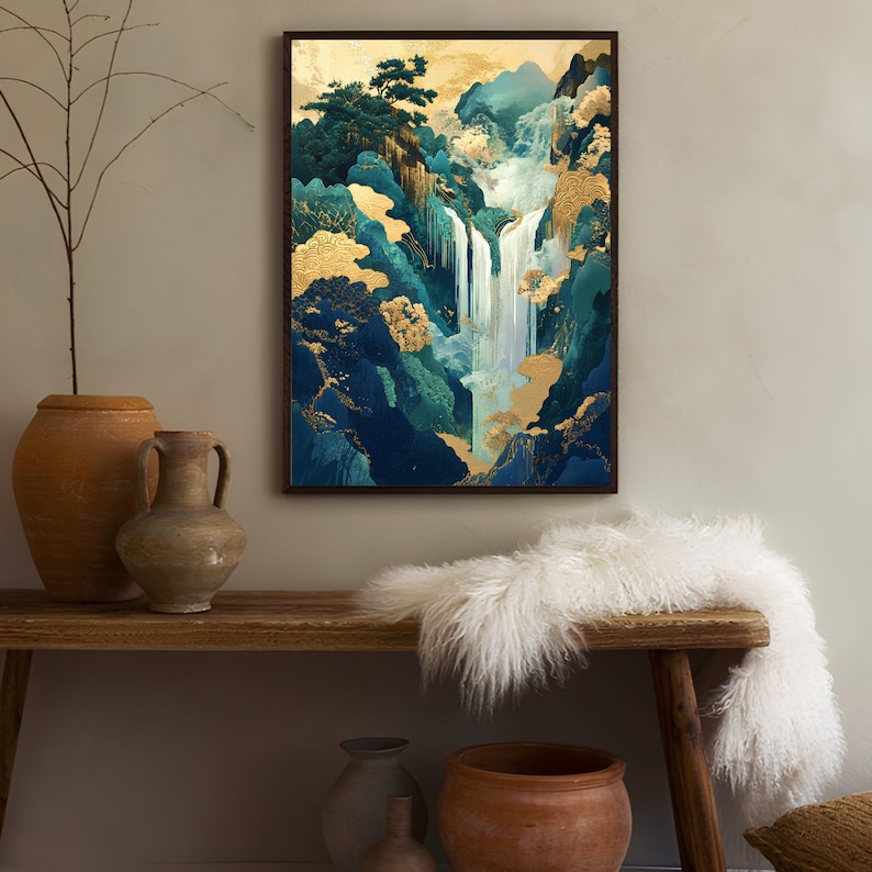 May include: A framed abstract landscape painting with a waterfall cascading down a mountainside. The painting features a mix of blue, green, and gold colors.