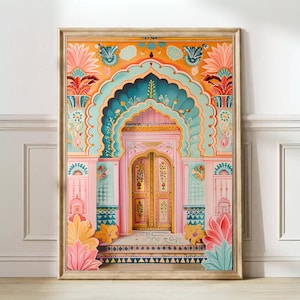 May include: A colorful illustration of a pink and blue archway with a decorative door. The archway is adorned with intricate floral patterns and gold accents. The door is made of wood and has a traditional design.