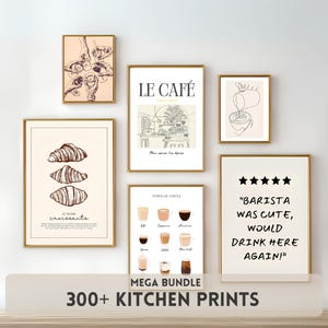 Puede incluir: Un conjunto de 6 impresiones de arte de pared para cocina imprimibles con temática de cafetería. Las impresiones incluyen ilustraciones de croissants, bebidas de café y un interior de cafetería. El texto en las impresiones incluye "Le Matin Croissants", "Le Cafe", "Tipos de café" y "¡El barista era lindo, volvería a tomar café aquí!"