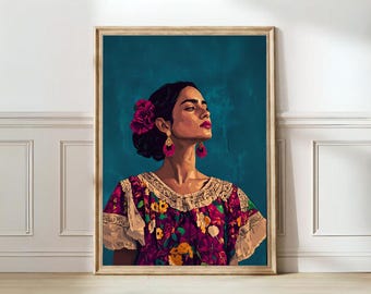 Latina Woman Portrait Blue Gallery Heritage Art Maximalist Print Teal Wall Art Latina Woman Print Mexican Modern Wall Art