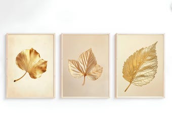 May include: Three framed prints of gold leaf leaves on a white background. The leaves are different shapes and sizes.