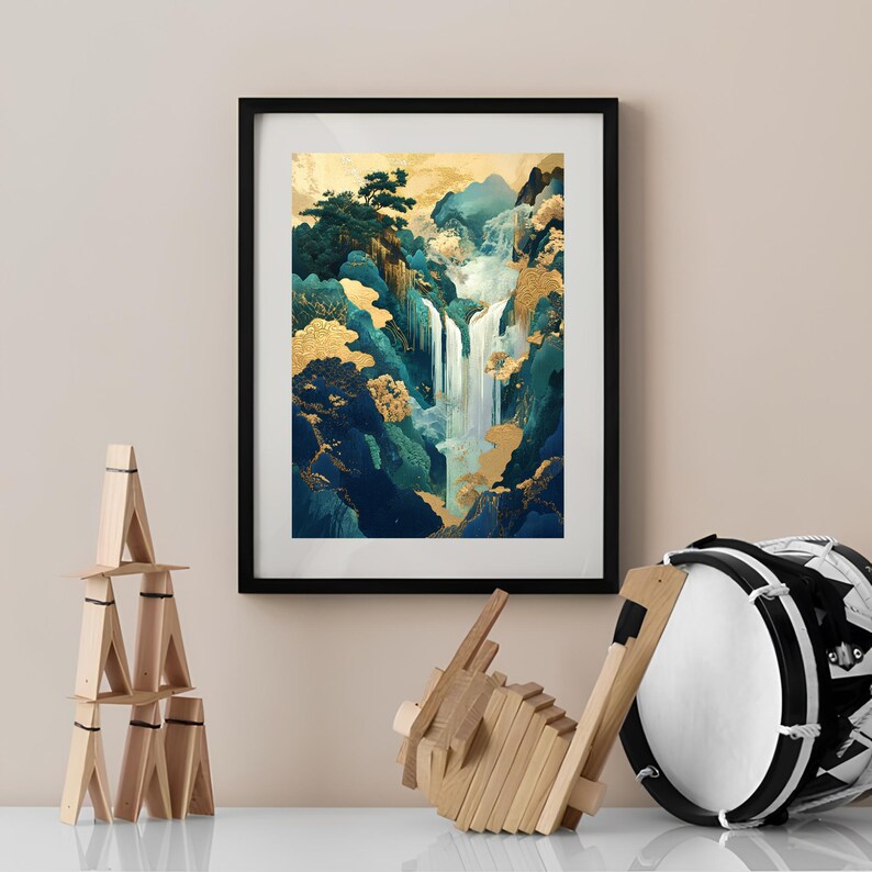 May include: A framed print of a watercolor painting depicting a waterfall cascading down a mountainside. The painting features shades of blue, green, and gold, creating a serene and tranquil scene.
