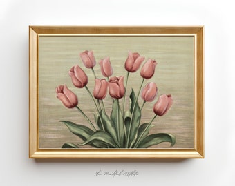 Estampado de primavera, estampado de tulipanes vintage, estampado de jarrón, arte mural de primavera, estampado pastel, estampado de pintura de tulipanes, bodegón.