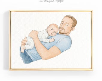 Dibujo de acuarela personalizado de papá y yo, regalo del Día del Padre, retrato de papá, boceto familiar, regalo para nuevo papá / descarga digital